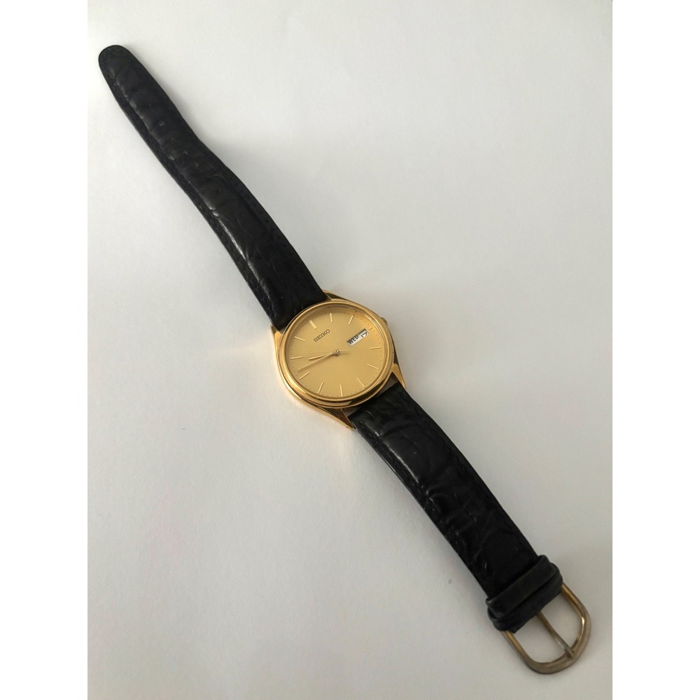 VTG Seiko Gold‎ Tone Champagne Date Quartz Watch Leather 7N43-8G18 JAPAN *Parts